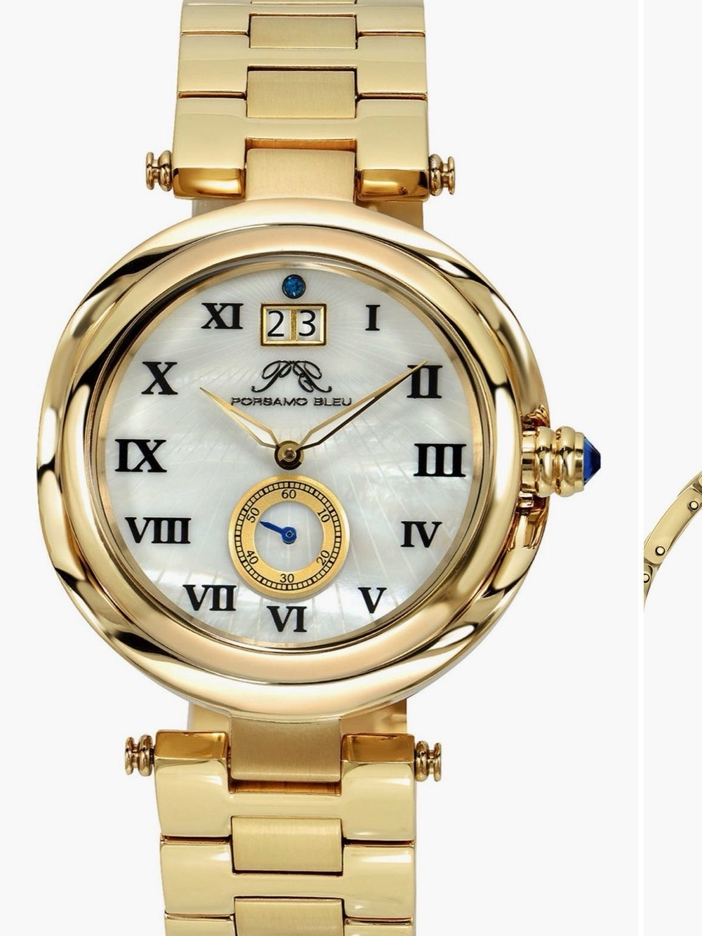 Porsamo Bleu Gold Tone Watch with Mother-of-Pearl Dial and Blue Cabochon